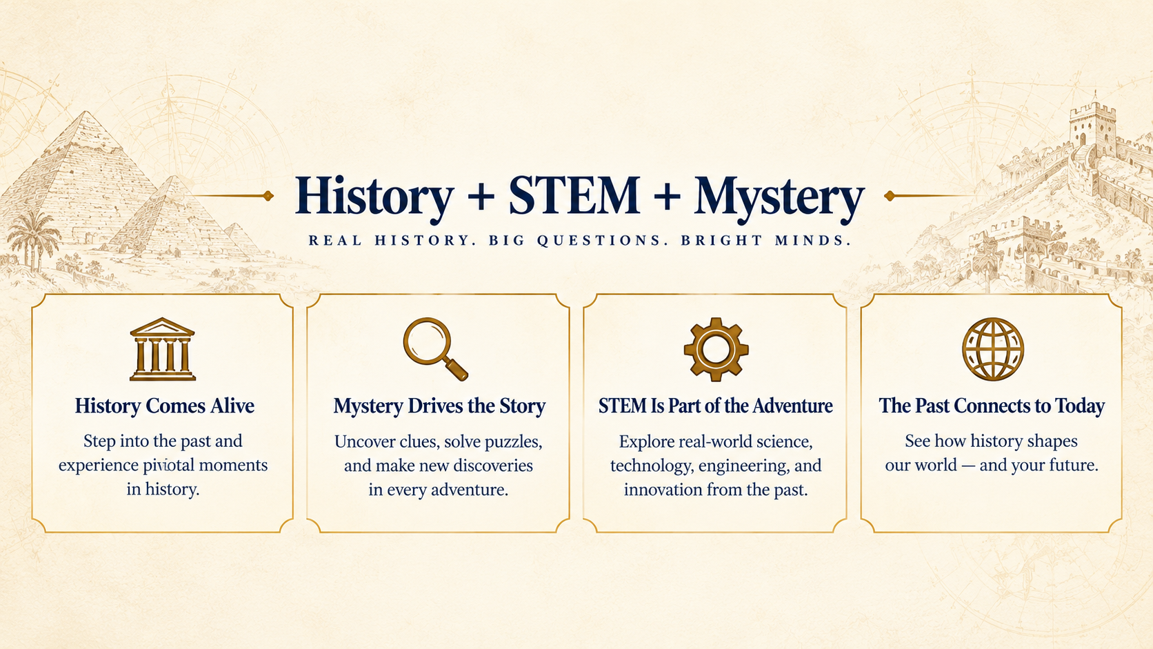 History + STEM + Mystery — History Comes Alive, Mystery Drives the Story, STEM Is Part of the Adventure, The Past Connects to Today